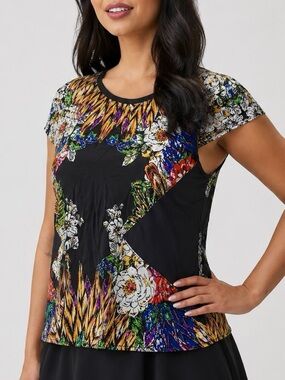 Nicole by Nicole Miller Satin Floral Zipper Back Top Womens Size Large Colorful